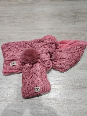 UGG Pink Cable-Knit Beanie with Faux-Fur Pom and Matching Scarf